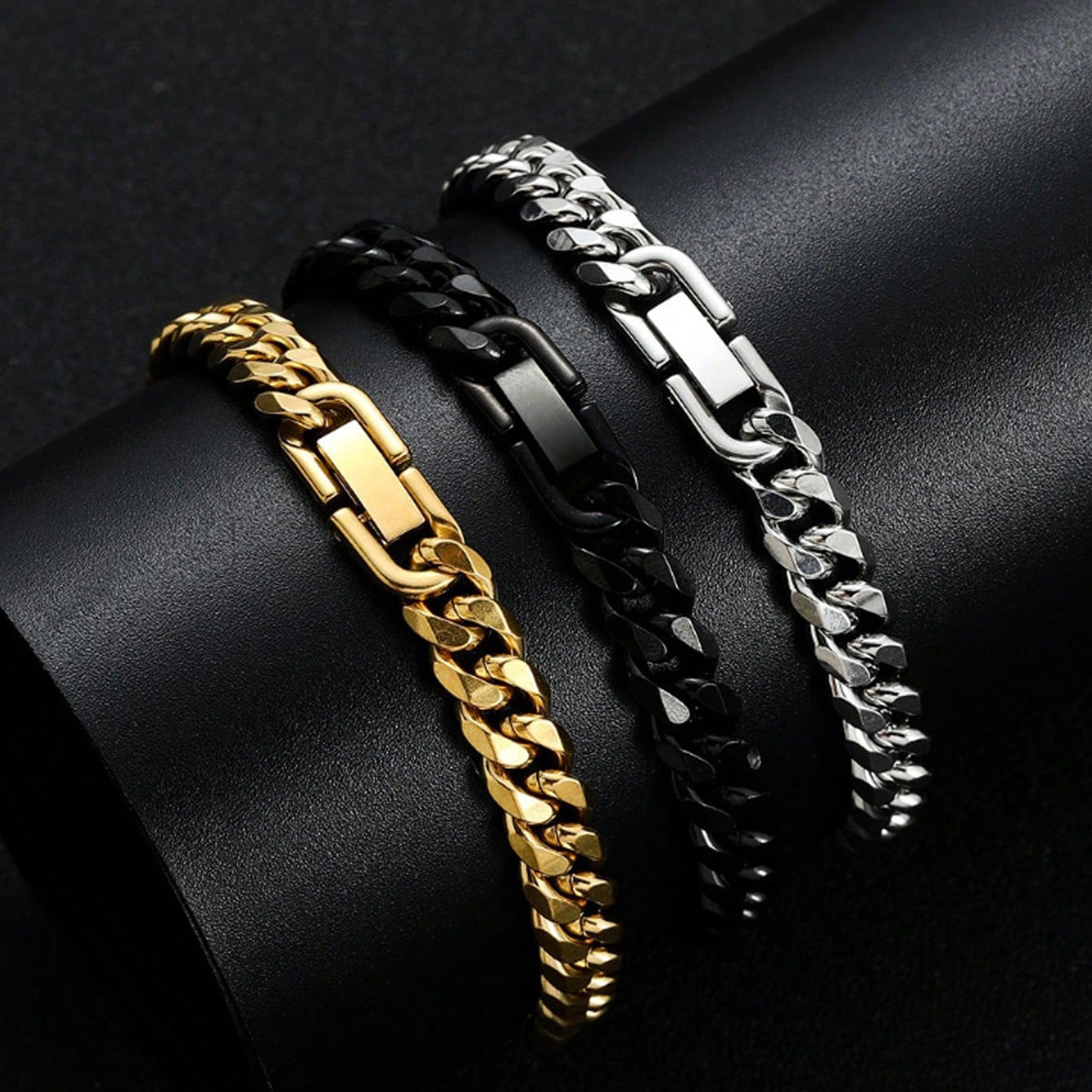 Stainless steel bracelet Cuban chain three color combination can be stacked or worn separately