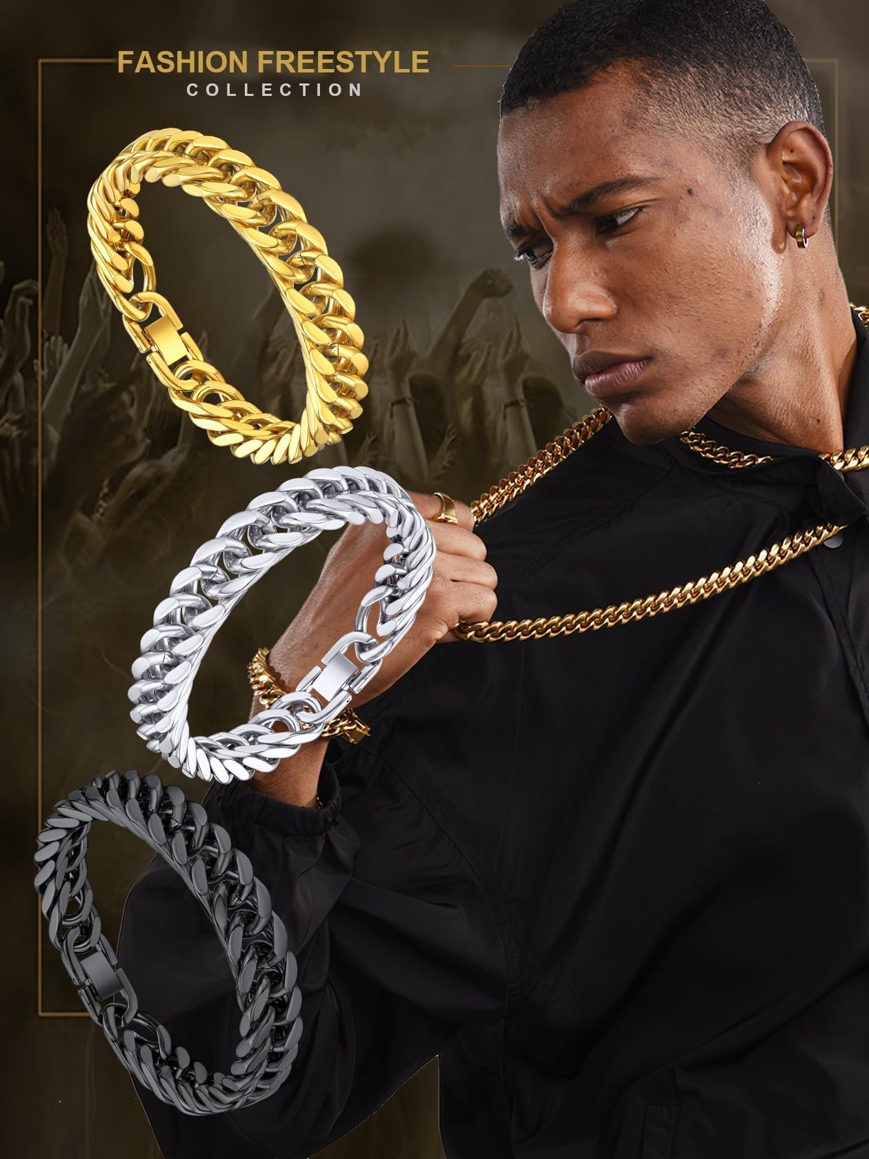 Double-clasp, four-sided polished bracelet, 8mm wide